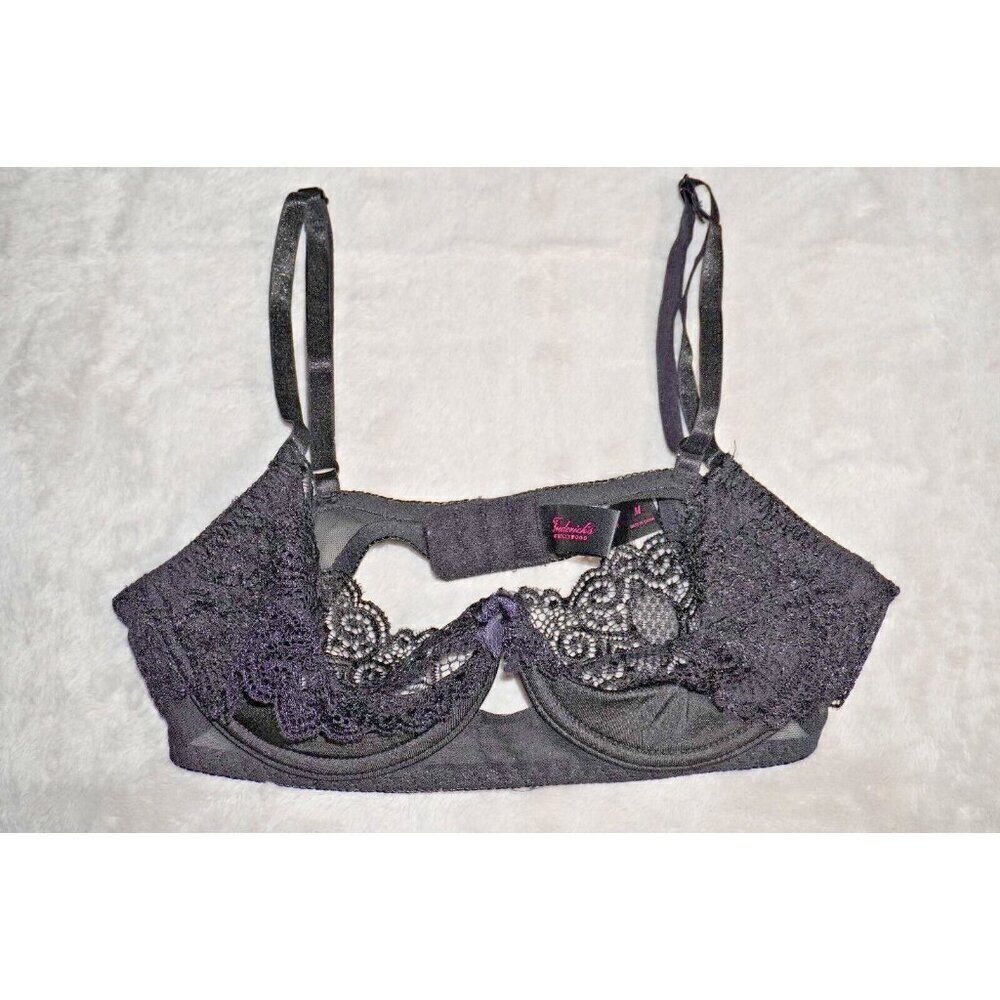 VTG Fredricks Of Hollywood Balconette Open Cup Black Lace Bra Size M Underwire